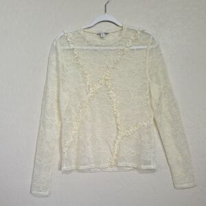 Topshop Cream Lace Long-Sleeve Ruffle Trim Tee